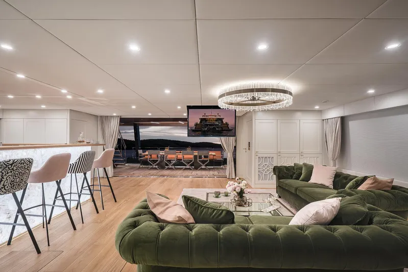  Yacht Photos Pics Luxurious interior of 2026 Sunreef 100 Power yacht with elegant seating and modern decor.