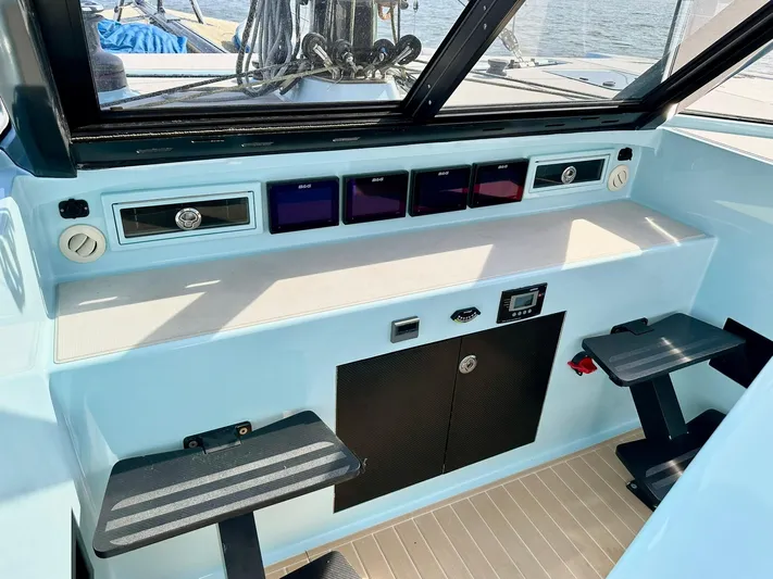 Starship Yacht Photos Pics Control panel of a 2017 Gunboat 55 yacht with navigation instruments and seating.