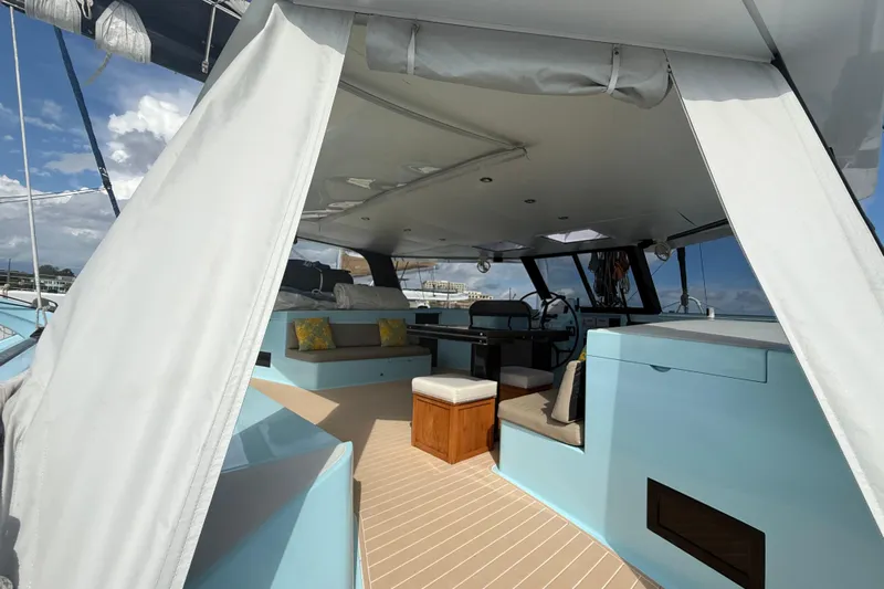 Starship Yacht Photos Pics 2017 Gunboat 55 yacht interior with seating, helm, and modern design.