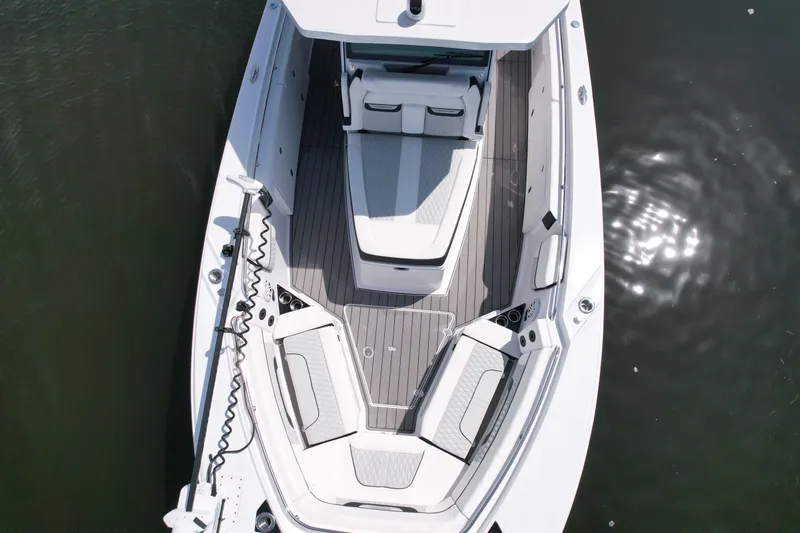  Yacht Photos Pics 2024 Blackfin 332 CC boat, aerial view, showcasing spacious deck and seating arrangement.