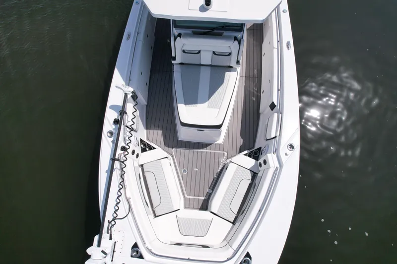  Yacht Photos Pics 2024 Blackfin 332 CC boat, aerial view, showcasing spacious deck and seating arrangement.