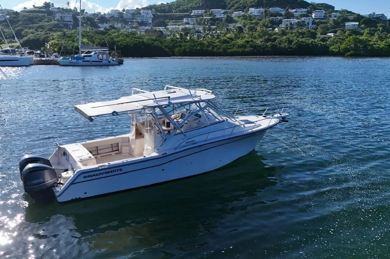  Yacht Photos Pics 2008 Grady-White Express 330 boat on scenic water with hillside view.
