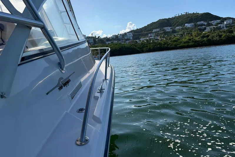  Yacht Photos Pics 2008 Grady-White Express 330 boat on calm water near scenic hillside.