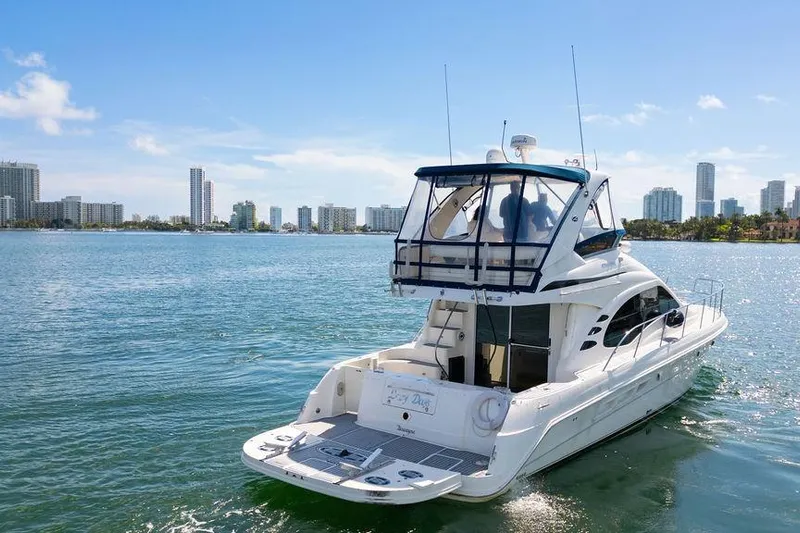 Lazy Days Yacht Photos Pics 2009 Sea Ray 44 Sedan Bridge yacht cruising near city skyline.