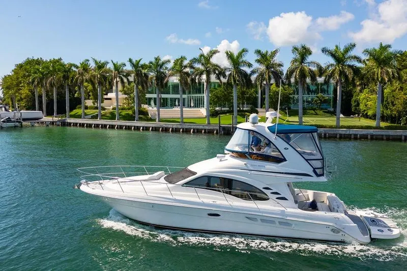 Lazy Days Yacht Photos Pics 2009 Sea Ray 44 Sedan Bridge yacht cruising near palm-lined waterfront.
