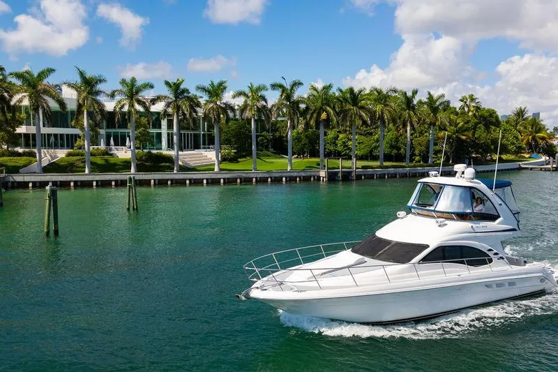 Lazy Days Yacht Photos Pics 2009 Sea Ray 44 Sedan Bridge yacht cruising near palm-lined waterfront.