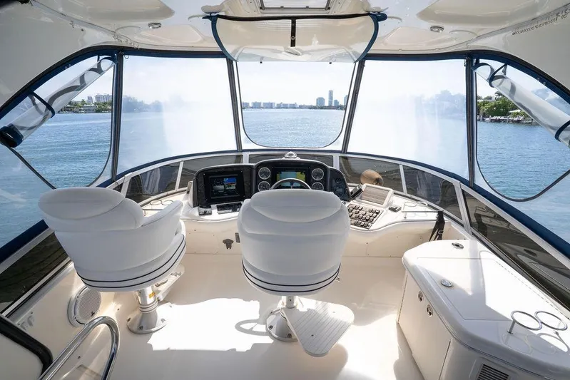 Lazy Days Yacht Photos Pics 2009 Sea Ray 44 Sedan Bridge helm with panoramic water view and modern controls.