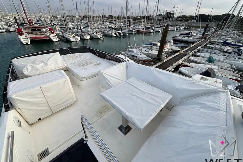 Albina Yacht Photos Pics Prestige 520 yacht deck, 2018 model, in a marina with numerous sailboats.