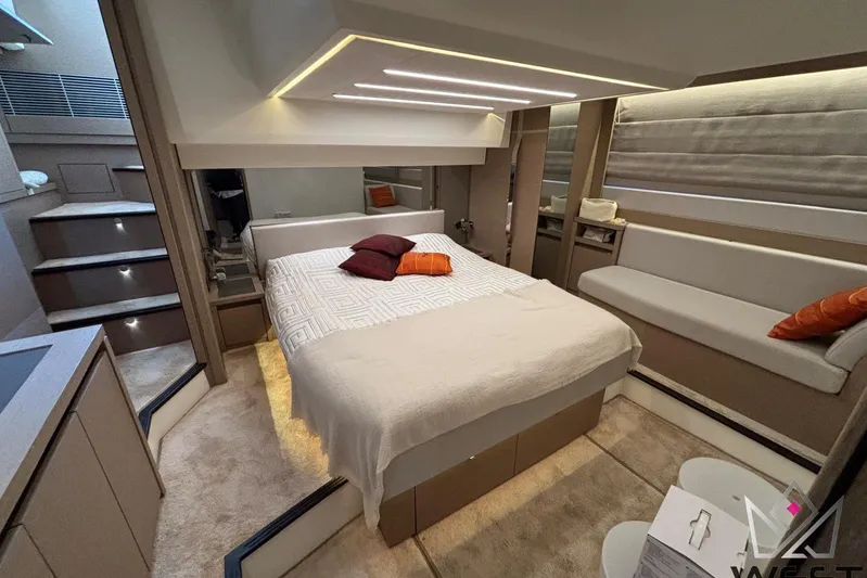 Albina Yacht Photos Pics Luxurious interior of 2018 Prestige 520 yacht with modern bedroom design.