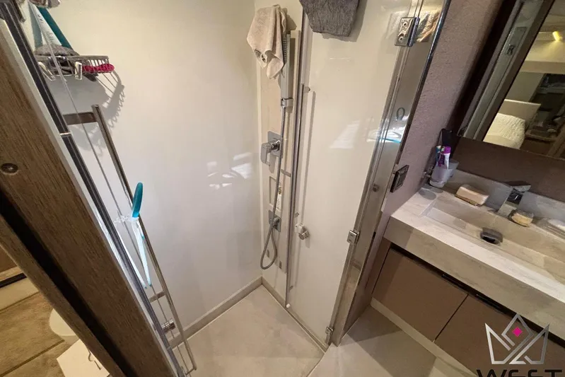 Albina Yacht Photos Pics Luxurious bathroom in 2018 Prestige 520 yacht with modern shower and vanity.