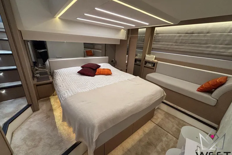 Albina Yacht Photos Pics Luxurious bedroom interior of 2018 Prestige 520 yacht with modern design and cozy ambiance.