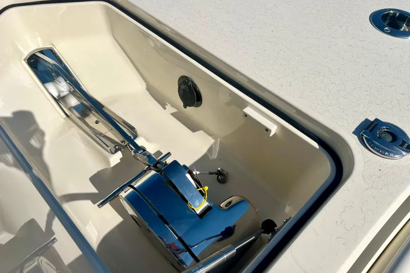  Yacht Photos Pics Anchor compartment of 2026 Scout 357 LXF boat with chrome fittings.