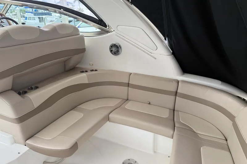 Another Six Pack Yacht Photos Pics Luxurious interior seating of 2016 Formula 37 Performance Cruiser with beige upholstery.