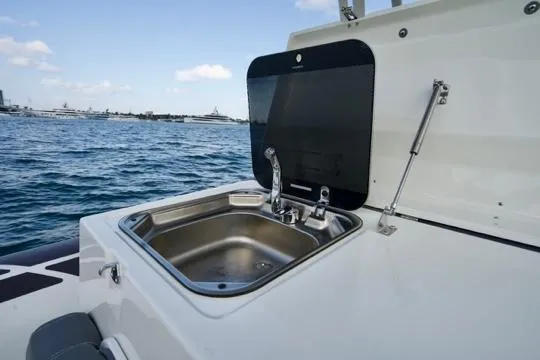  Yacht Photos Pics 2022 Brig Eagle 10 boat with onboard sink, ocean view in background.