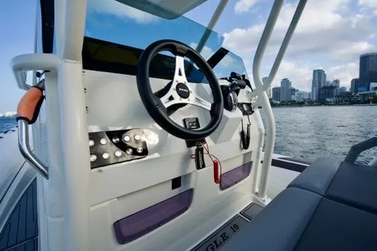  Yacht Photos Pics 2022 Brig Eagle 10 boat cockpit with steering wheel, city skyline in background.