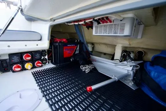  Yacht Photos Pics 2022 Brig Eagle 10 boat interior showing battery and electrical components.