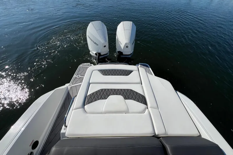  Yacht Photos Pics 2023 Monterey 305SS Super Sport boat with dual outboard engines on water.