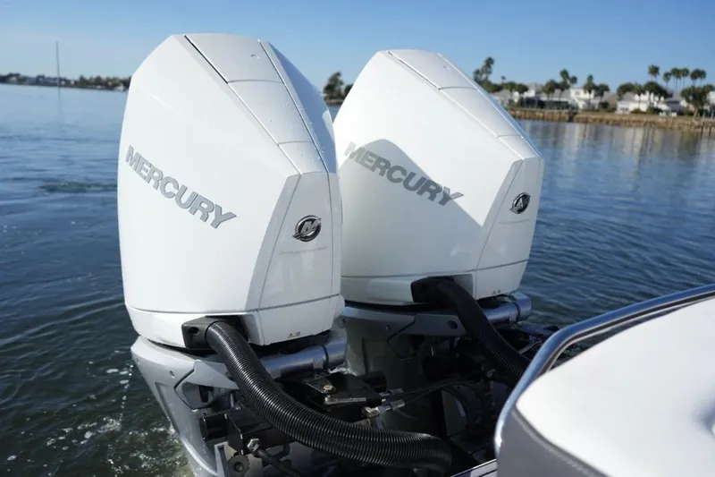  Yacht Photos Pics Twin Mercury outboard engines on a 2023 Monterey 305SS Super Sport boat.