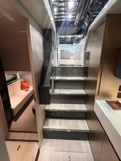  Yacht Photos Pics Interior view of 2025 FIM 440 Regina yacht, featuring modern stairs and sleek design elements.