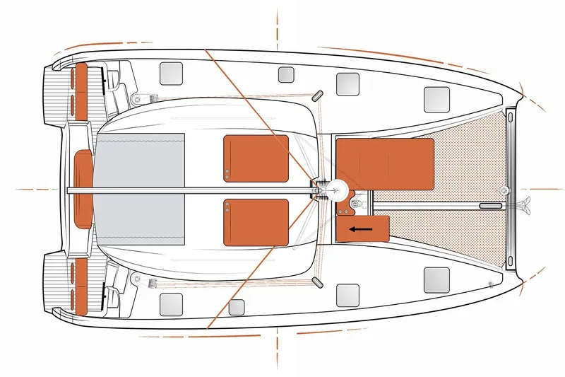  Yacht Photos Pics Manufacturer Provided Image: Top view schematic of 2026 Excess 11 catamaran layout with seating and deck features.