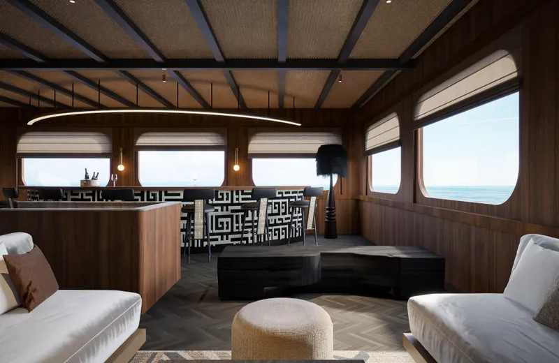 Jiva Ananta Yacht Photos Pics Luxurious interior of 2027 Phinisi Custom yacht with modern design and ocean views.