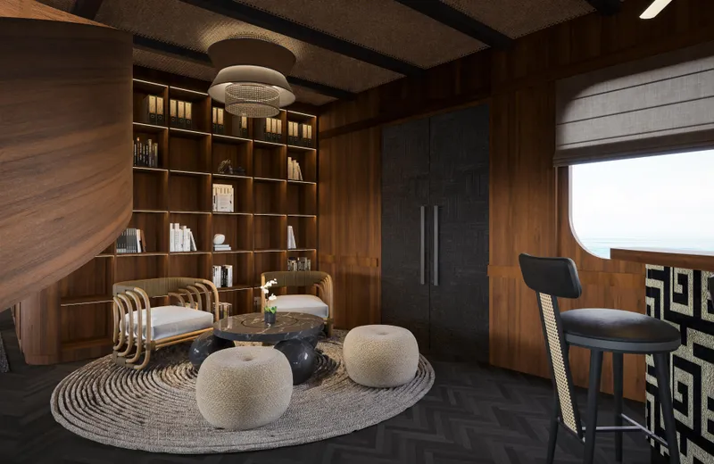 Jiva Ananta Yacht Photos Pics Luxurious Phinisi Custom 2027 yacht interior with elegant seating, wooden shelves, and modern decor.