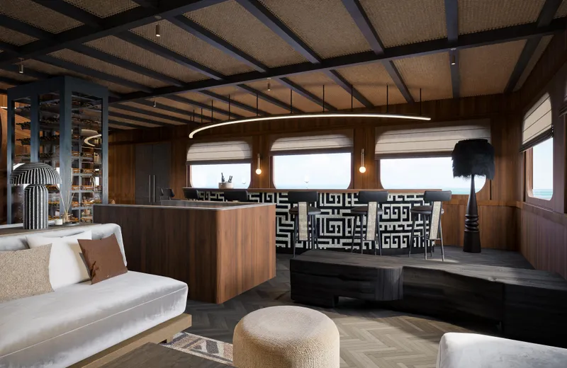 Jiva Ananta Yacht Photos Pics Luxurious interior of 2027 Phinisi Custom yacht with modern design and elegant furnishings.