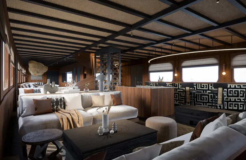 Jiva Ananta Yacht Photos Pics Luxurious interior of 2027 Phinisi Custom yacht with elegant seating and modern decor.