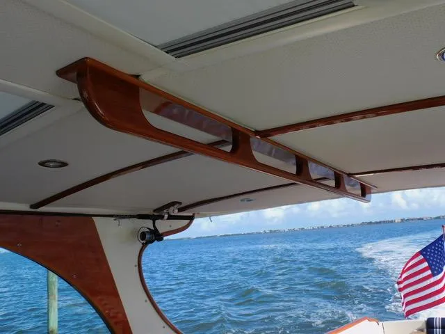  Yacht Photos Pics Hinckley T34 boat interior, 2013 model, with wooden trim and ocean view.