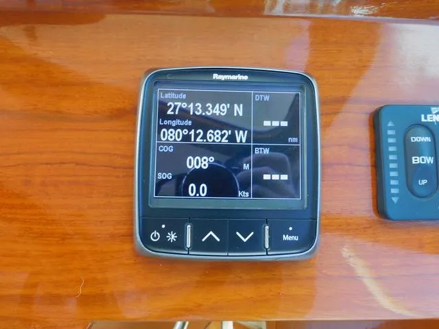 Yacht Photos Pics Raymarine navigation display on 2013 Hinckley T34, showing coordinates and speed.