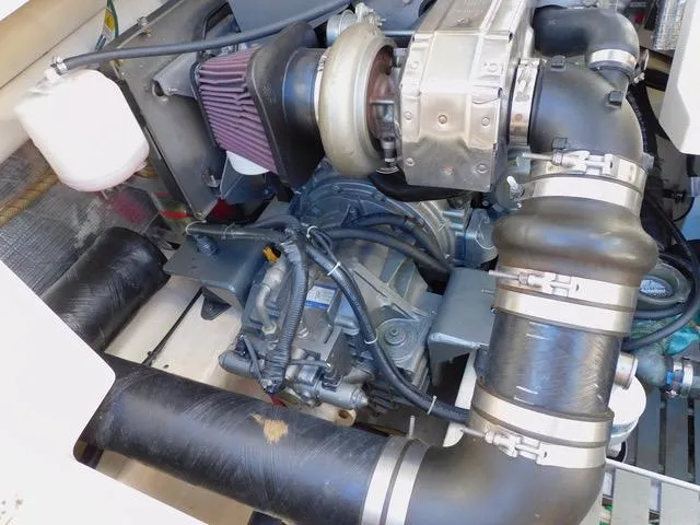  Yacht Photos Pics Hinckley T34 2013 engine compartment with visible turbocharger and hoses.