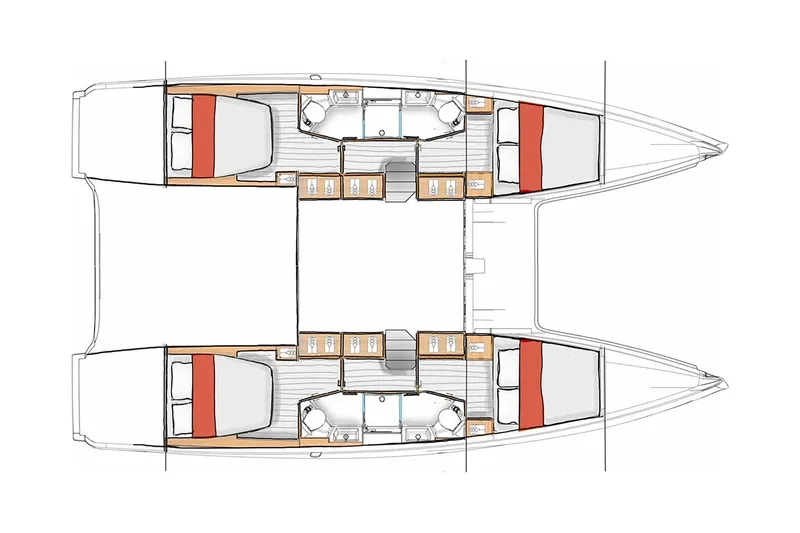  Yacht Photos Pics Manufacturer Provided Image: Floor plan of 2026 Excess 13 catamaran, featuring cabins and bathrooms.