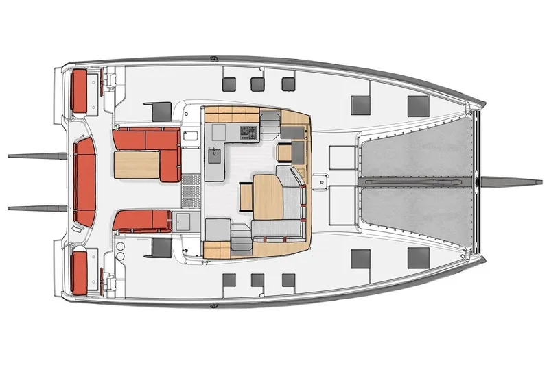  Yacht Photos Pics Manufacturer Provided Image: Floor plan of the 2026 Excess 13 catamaran, featuring spacious interior layout.