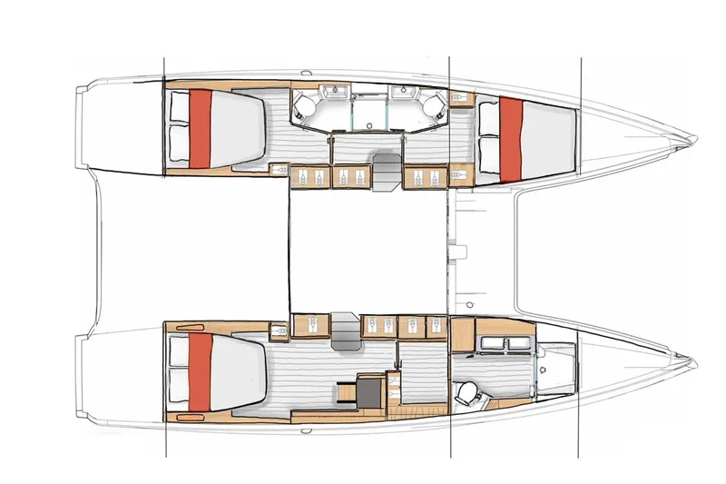  Yacht Photos Pics Manufacturer Provided Image: Floor plan of 2026 Excess 13 catamaran, featuring cabins, bathrooms, and living areas.