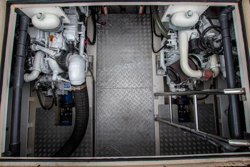  Yacht Photos Pics Engine room of 2021 Van der Heijden Exclusive de Luxe 1600 yacht, featuring dual engines.