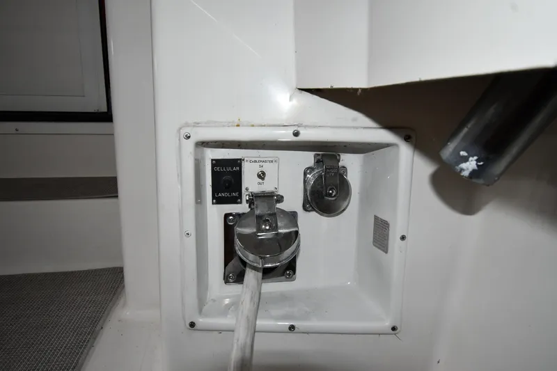 Your Rent's Due Yacht Photos Pics Electrical connection panel on a 1996 Viking 50 Convertible boat.