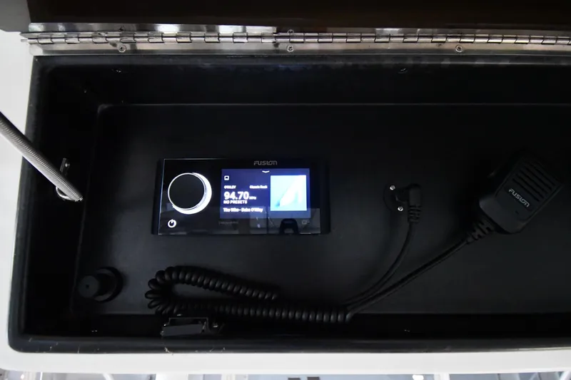 Your Rent's Due Yacht Photos Pics Fusion audio system in 1996 Viking 50 Convertible boat dashboard.