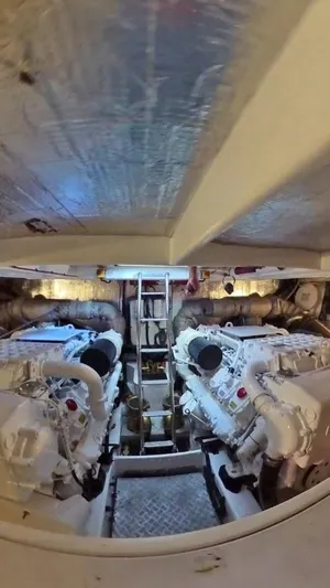  Yacht Photos Pics Engine room of 2008 Sunseeker Predator 62 yacht, featuring dual engines and mechanical components.