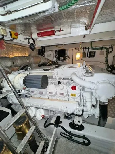  Yacht Photos Pics Engine room of 2008 Sunseeker Predator 62 yacht, showcasing mechanical components.