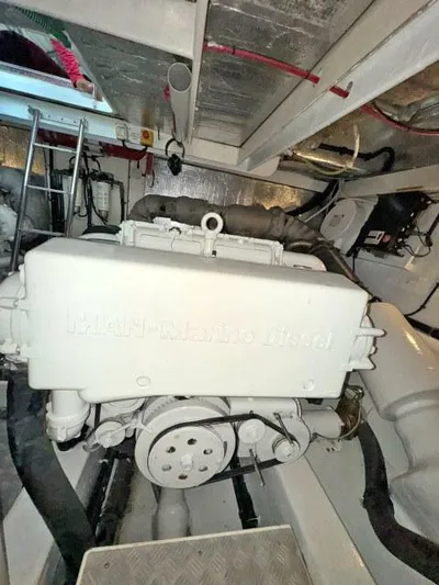  Yacht Photos Pics Engine room of 2008 Sunseeker Predator 62 yacht, showcasing mechanical components.