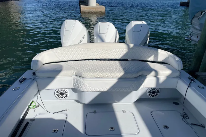  Yacht Photos Pics Luxury Conch 33 boat interior with triple Mercury engines, 2022 model.