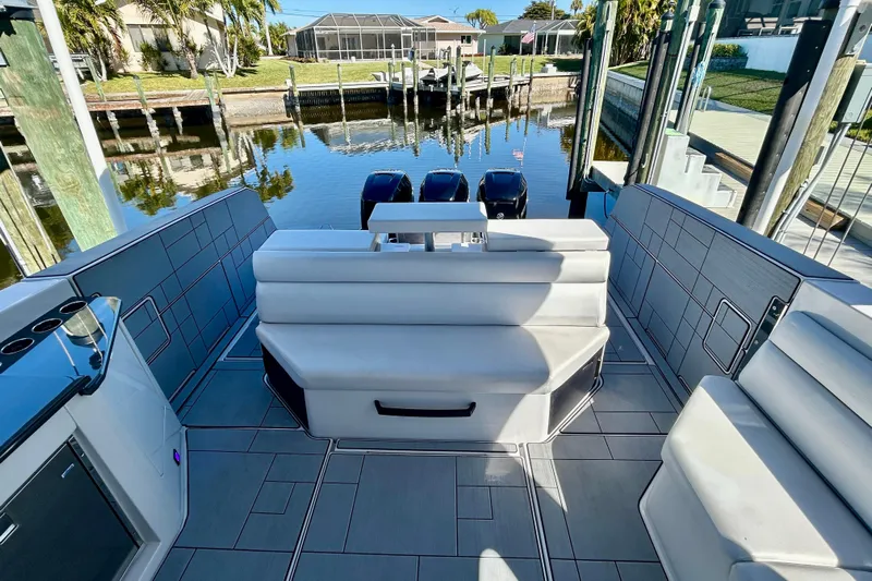 Happy Our II Yacht Photos Pics 2022 Aviara AV40 OB boat interior with sleek seating and modern design.