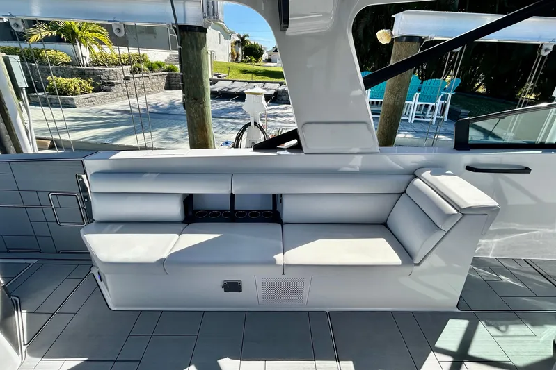 Happy Our II Yacht Photos Pics 2022 Aviara AV40 OB boat interior with sleek seating and modern design.