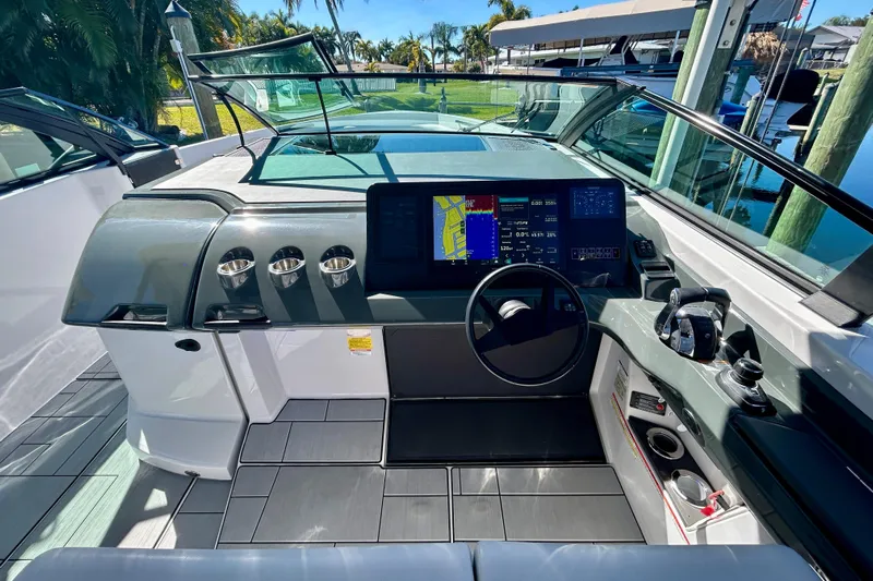 Happy Our II Yacht Photos Pics 2022 Aviara AV40 OB boat cockpit with modern navigation system and sleek design.