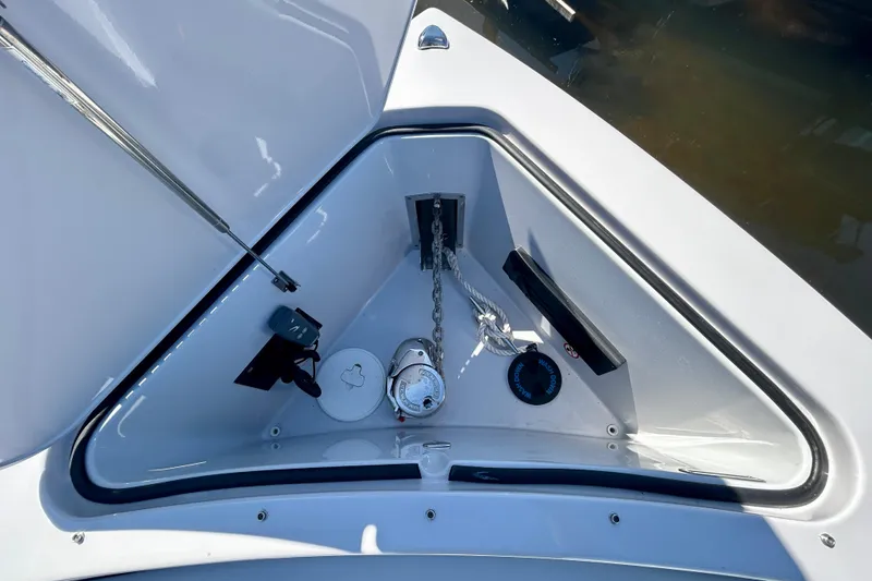 Happy Our II Yacht Photos Pics 2022 Aviara AV40 OB boat anchor compartment with chain and winch system.