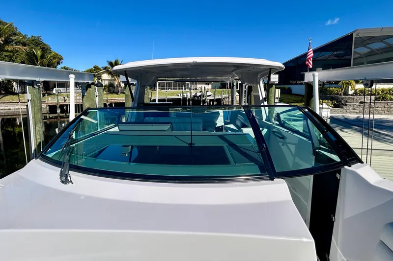 Happy Our II Yacht Photos Pics 2022 Aviara AV40 OB boat docked, showcasing sleek design and spacious interior.