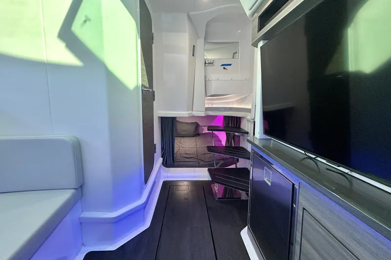 Happy Our II Yacht Photos Pics Interior of 2022 Aviara AV40 OB boat with modern design and ambient lighting.