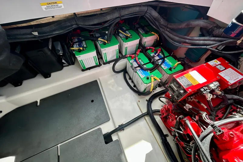 Happy Our II Yacht Photos Pics 2022 Aviara AV40 OB engine compartment with batteries and wiring.
