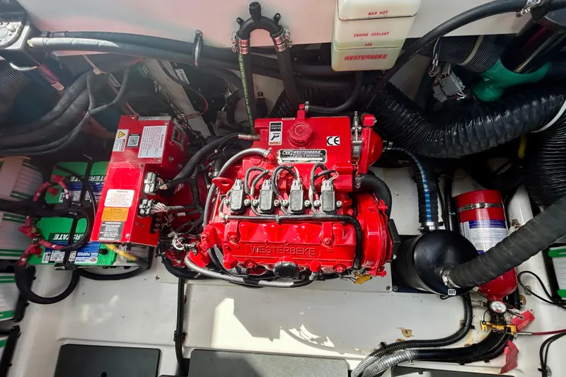 Happy Our II Yacht Photos Pics Engine compartment of 2022 Aviara AV40 OB with Westerbeke generator and wiring.