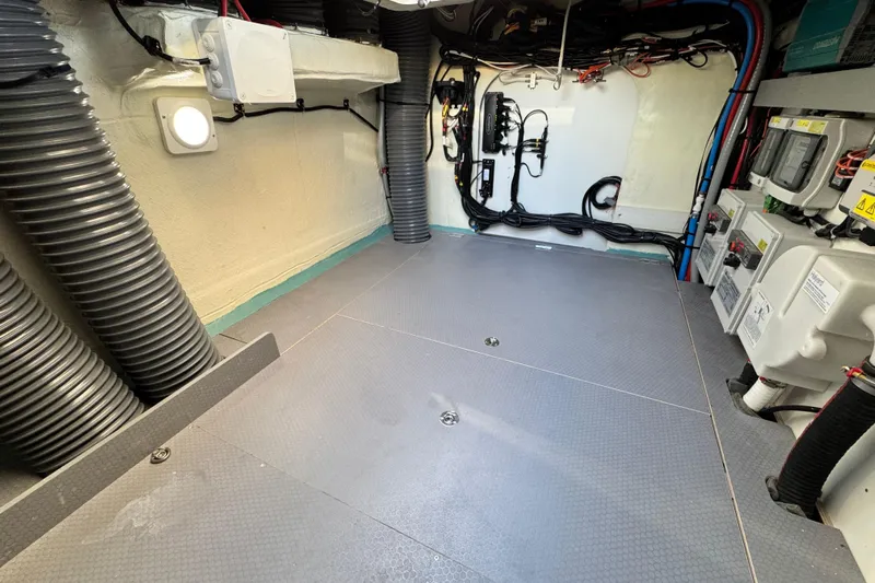  Yacht Photos Pics 2024 Prestige M48 engine room with organized wiring and ventilation systems.